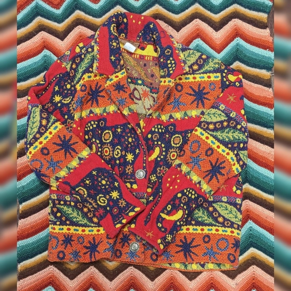 Vintage Elephant print multicolor chunky oversized/cardigan/silver buttons